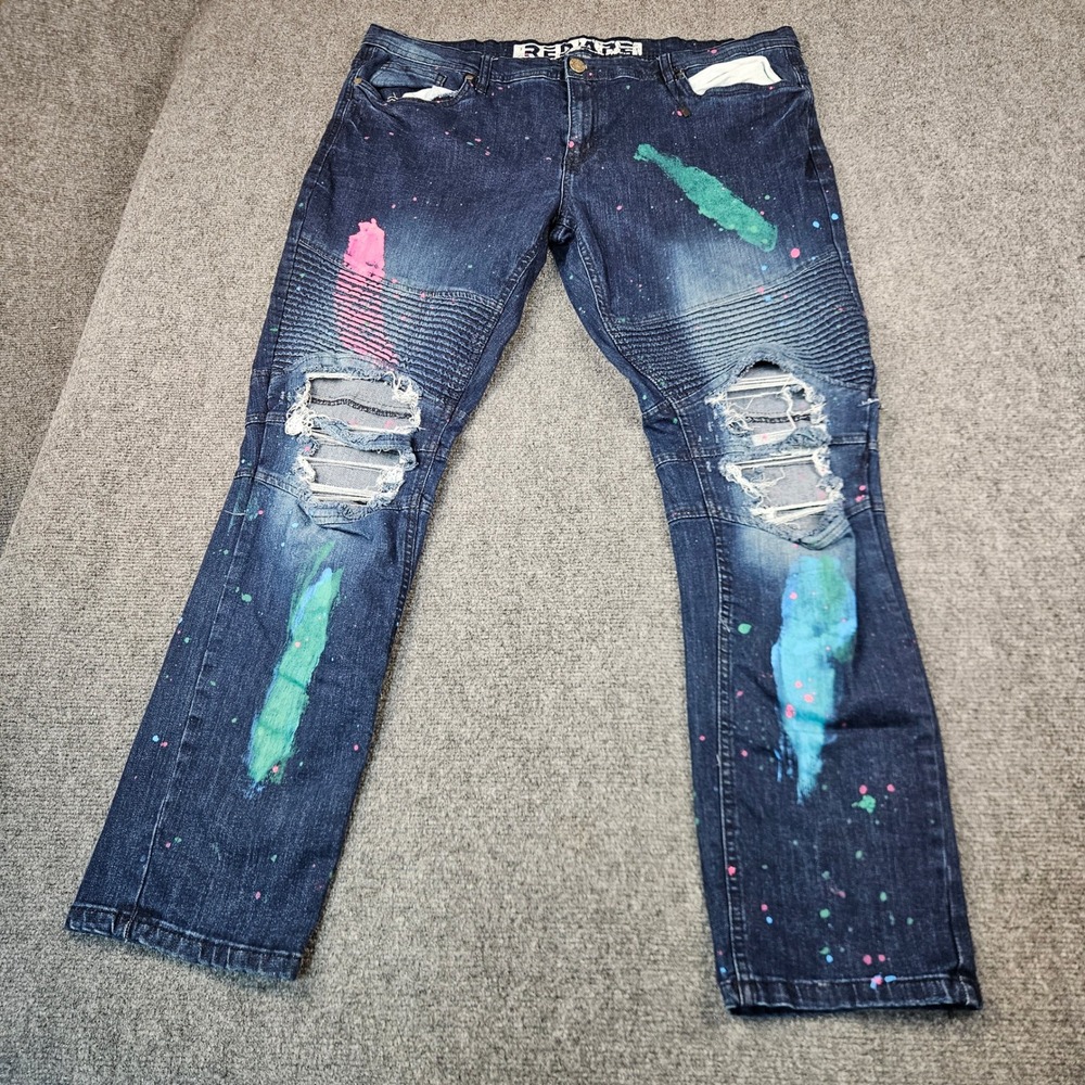 Red Ape Mens Biker Jeans 38x32 Dark Wash Paint Splatter Distressed Moto Denim